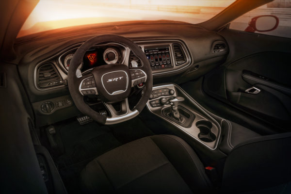 Standard drag-race inspired interior configuration of the 2018 Dodge Challenger SRT Demon has driver seat only; first-ever factory-production Challenger with a front passenger seat delete.