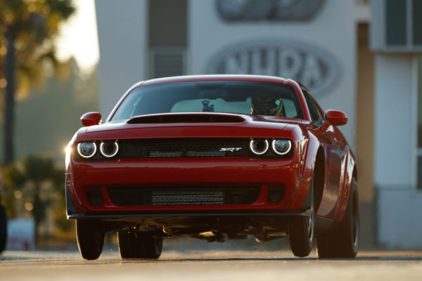 The 2018 Dodge Challenger SRT Demon is the world’s first production car to lift the front wheels at launch. It set the world record for longest wheelie from a standing start by a production car at 2.92 feet, certified by Guinness World Records.